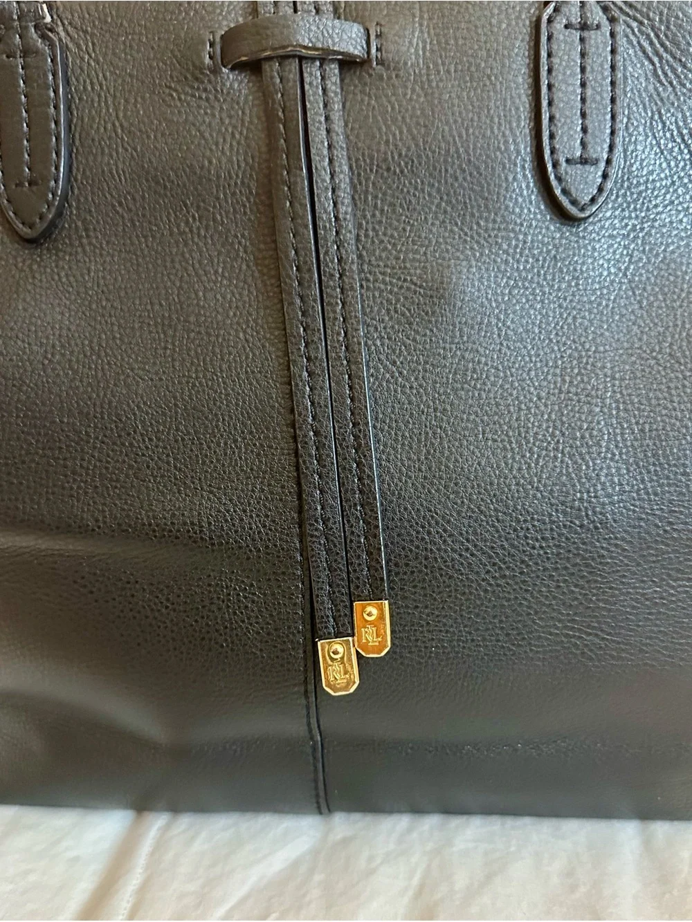 Lauren Ralph Lauren Black Leather Tote with Drawstring Detail